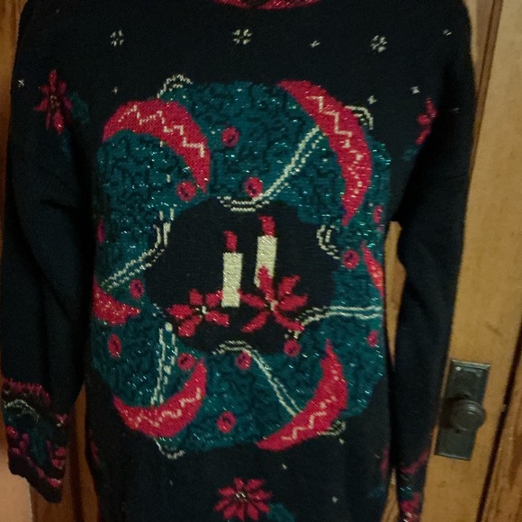 Vtg 90s oversized Christmas Wreath Glittery Sweater - Picture 6 of 13